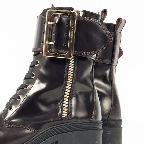 Burberry Scarcroft 50 Bordeaux Buckled Glossed-Leather Combat Boots - Picture 8 of 11